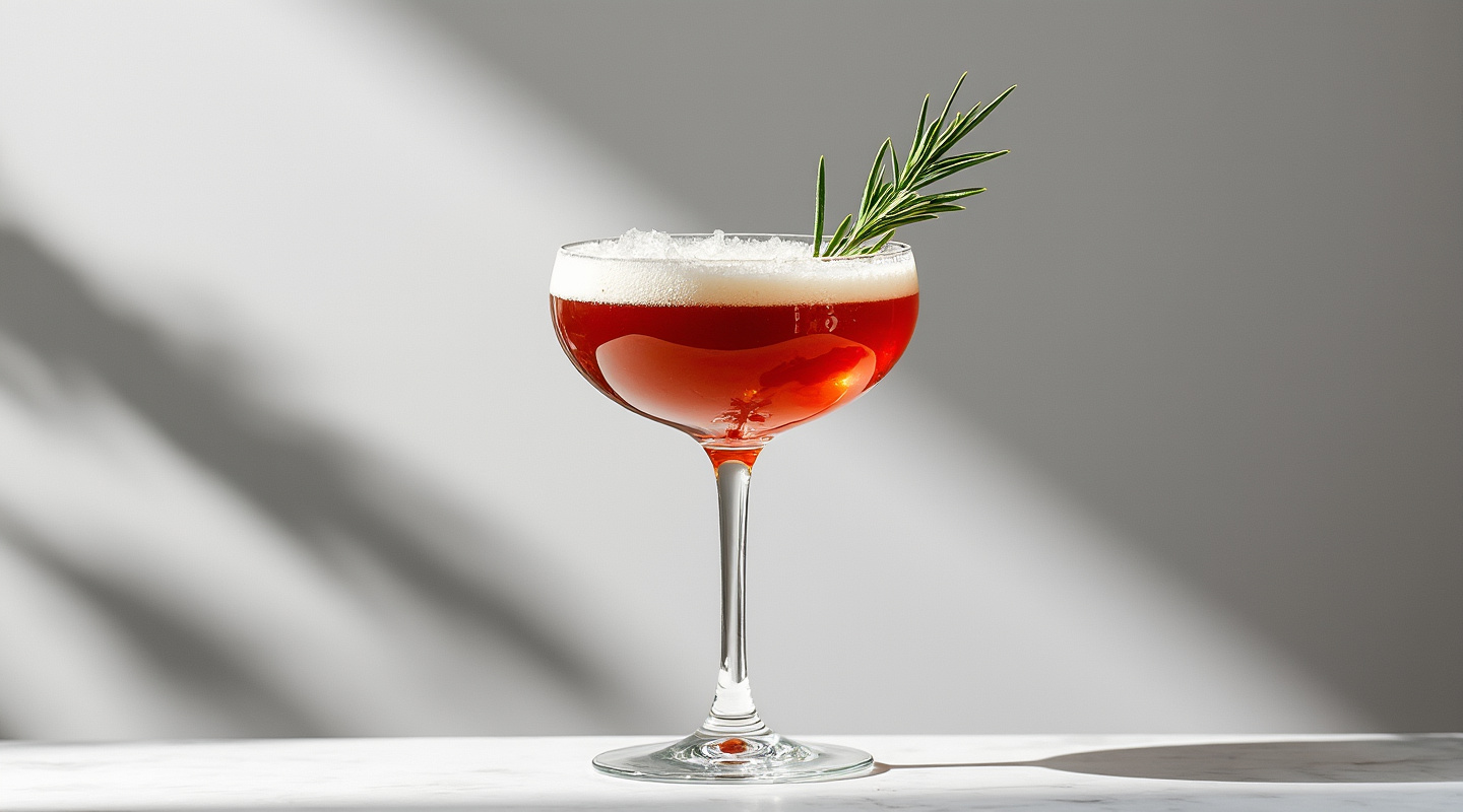 Blood, Smoke & Tears cocktail in a smoked glass with rosemary garnish