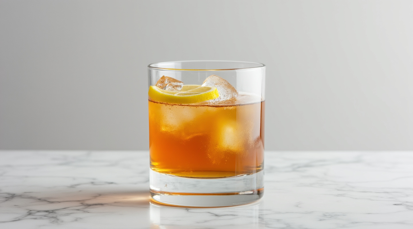 Rum & Rye Sour cocktail served in an Old-fashioned glass with lemon zest garnish