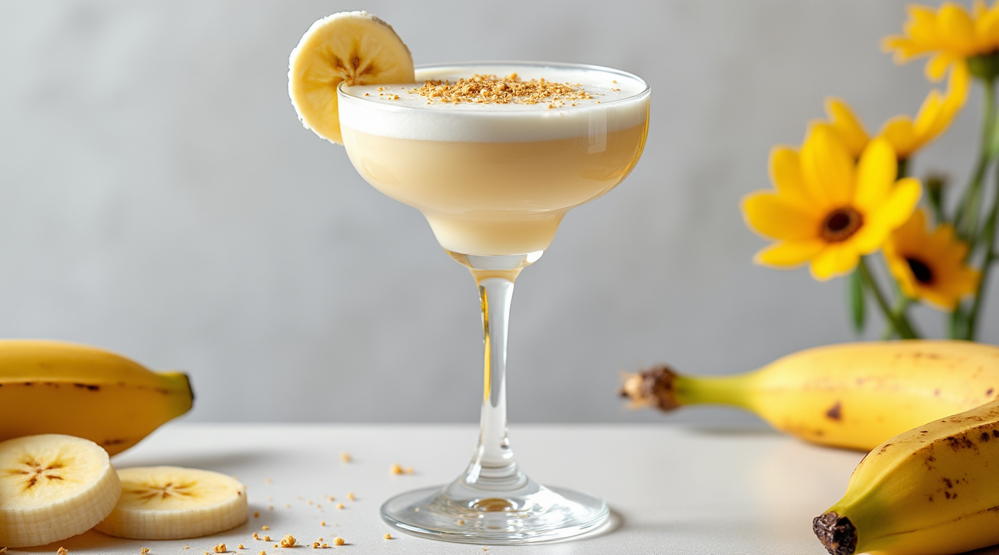 A creamy Banana Alexander cocktail in a coupe glass, topped with grated nutmeg