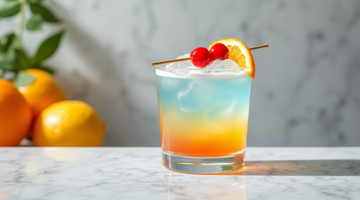 A vibrant and creamy cocktail garnished with an orange slice and cherry on a stick in an Old-fashioned glass.