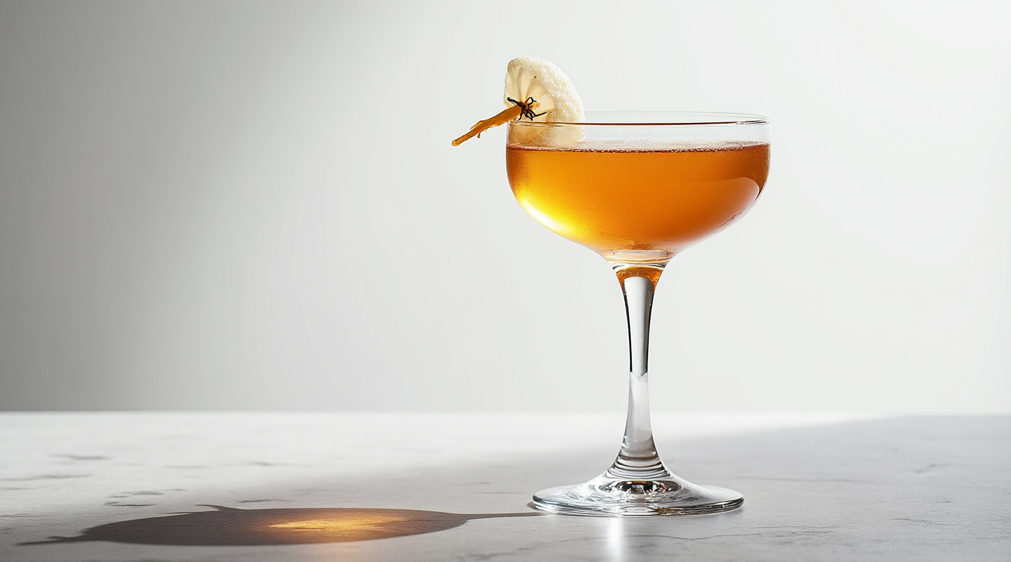 A sophisticated cocktail with apple brandy, herbal liqueurs, lemon juice, and bitters.