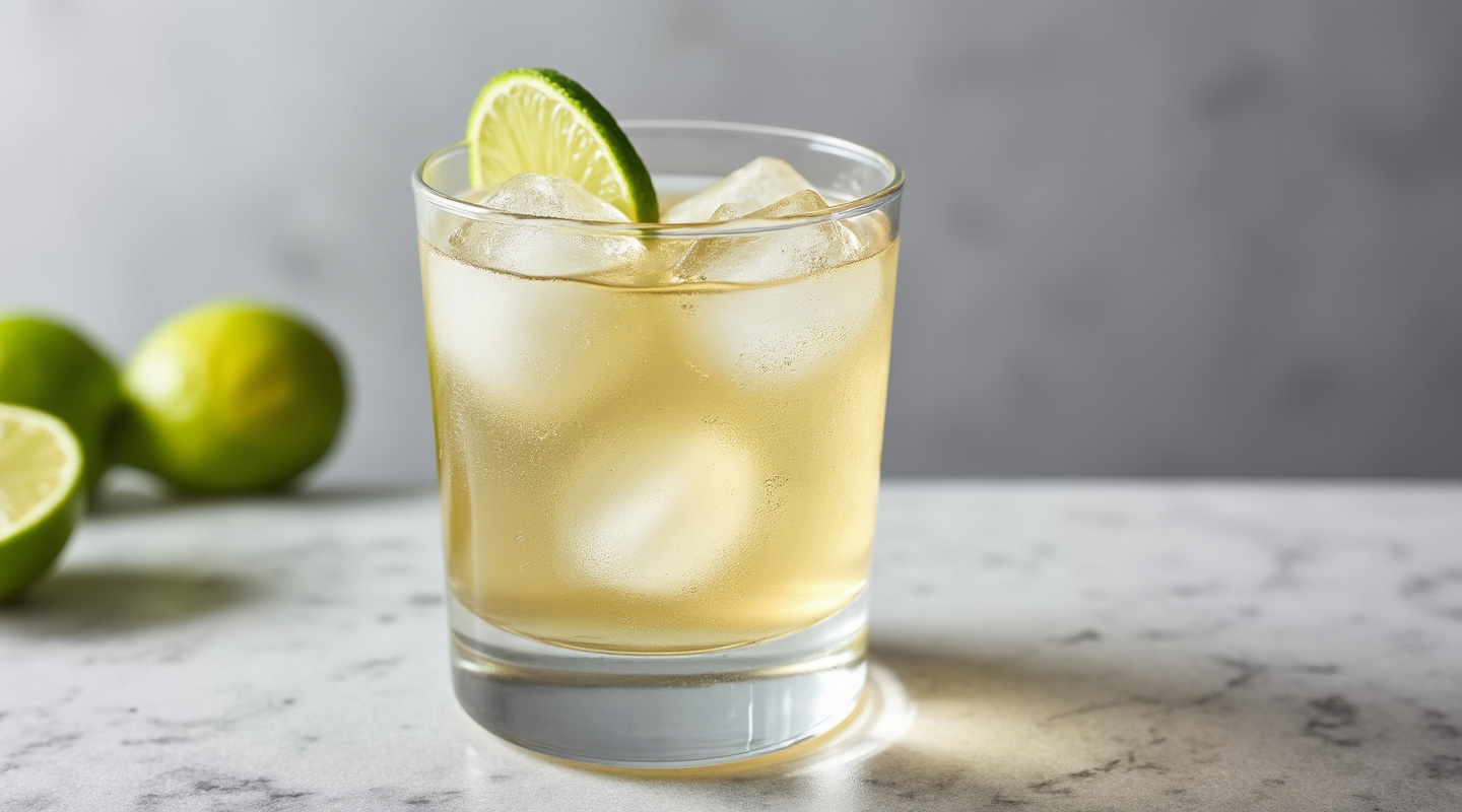 An image of the Fresh & Shiny cocktail served in an old-fashioned glass