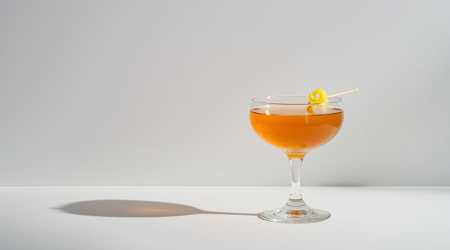 A coupe glass with a Betty Carter cocktail, garnished with a lemon zest twist