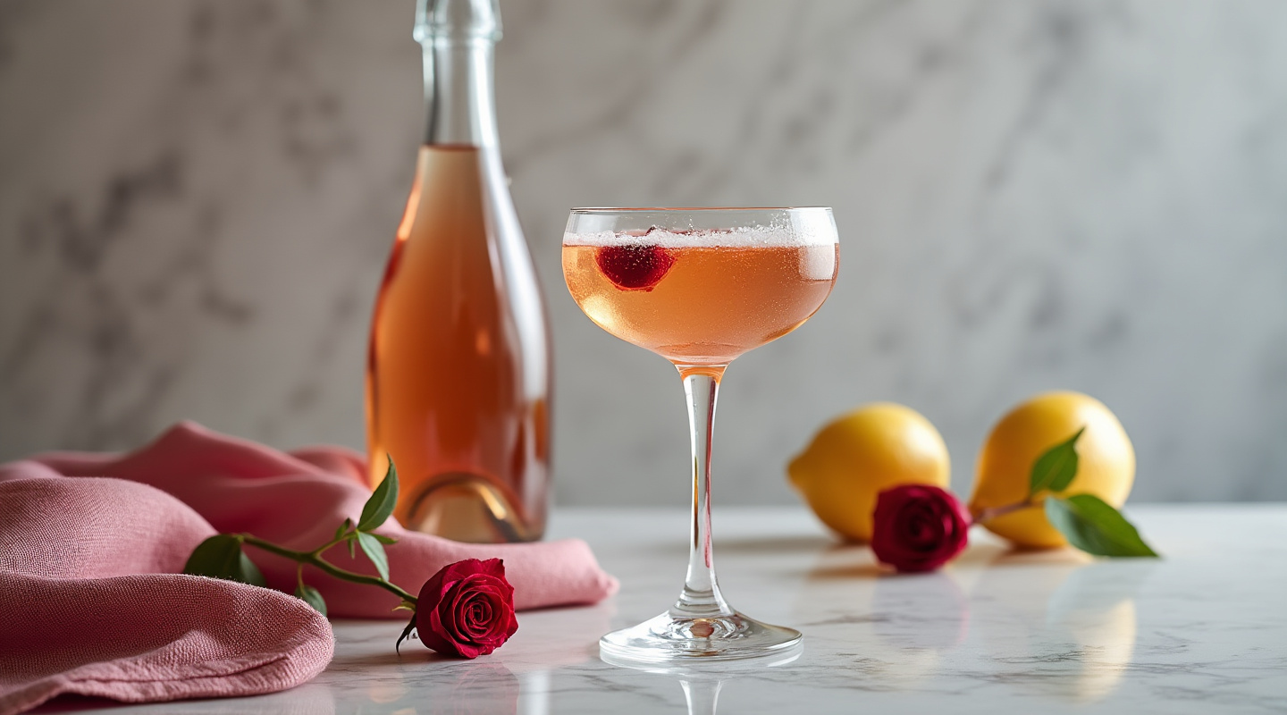 A beautifully presented Midnight in Paris cocktail in a flute glass.