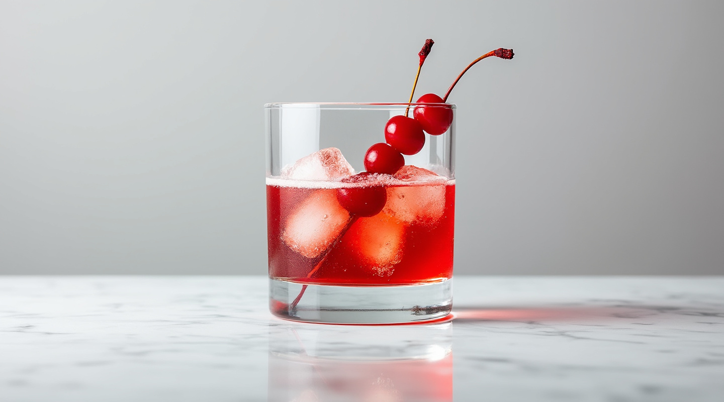 A vibrant Cherry Bounce cocktail served with a garnish of skewered cherries.