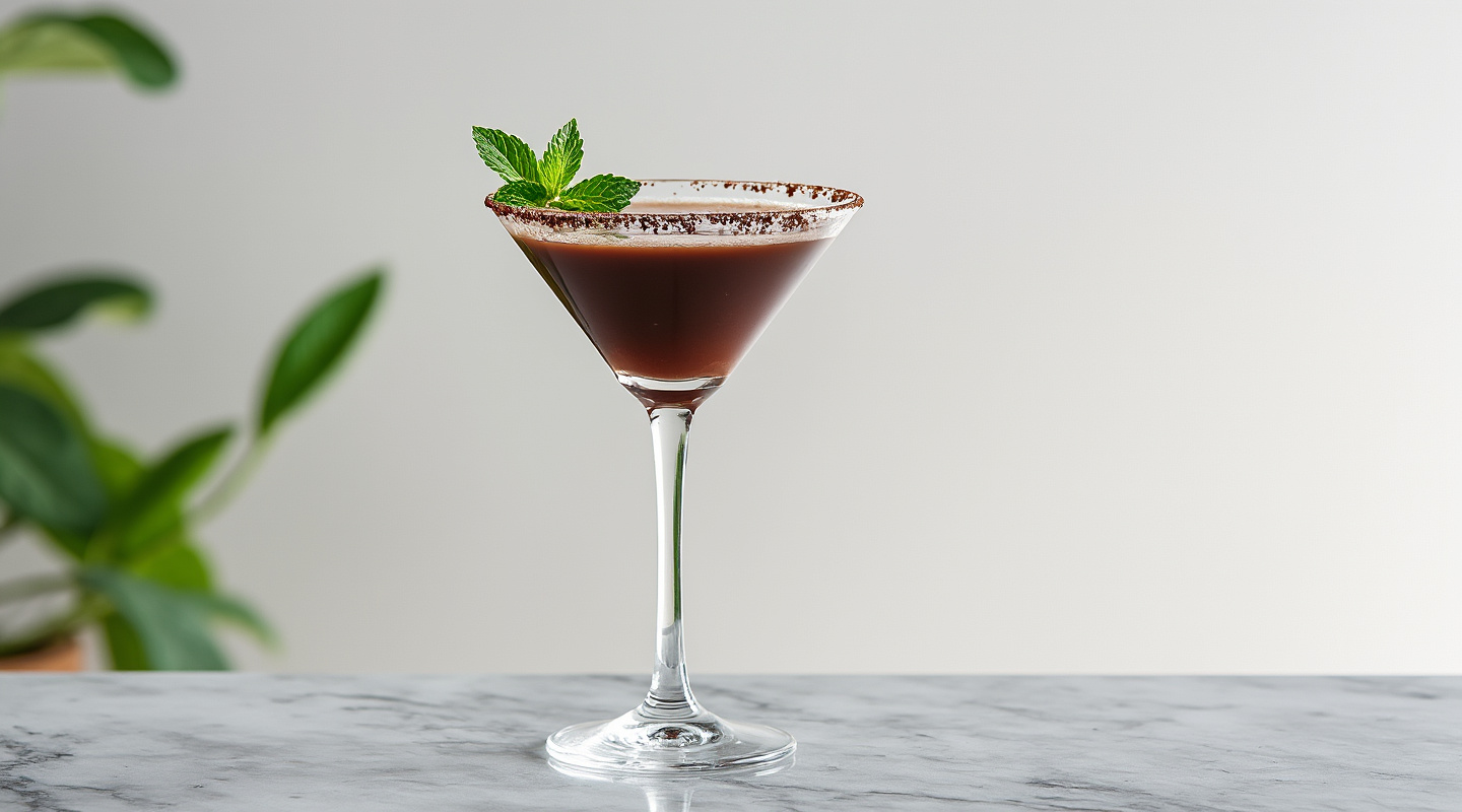 Chocolate Mint Martini in a chilled Martini glass with chocolate rim
