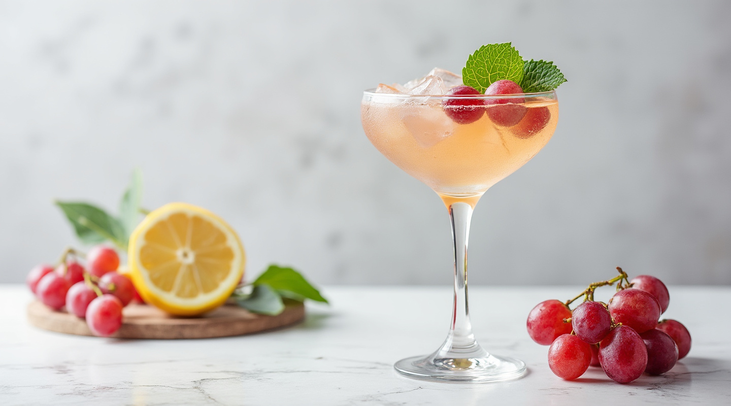 A vibrant cocktail with grapes.