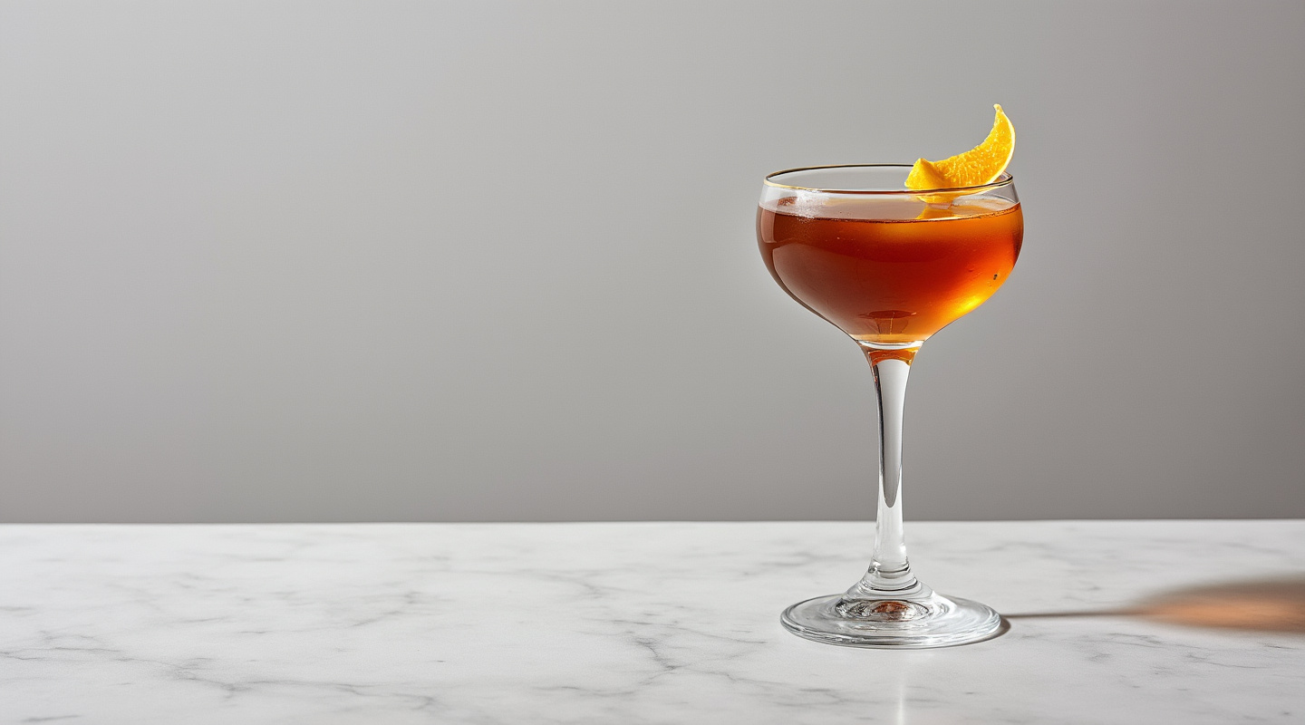 The Neutral Ground cocktail in a Coupe glass with orange zest