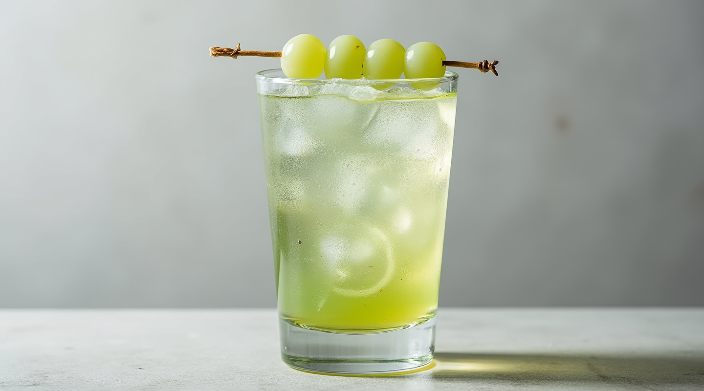 A glass of Greenbelt cocktail garnished with skewered grapes