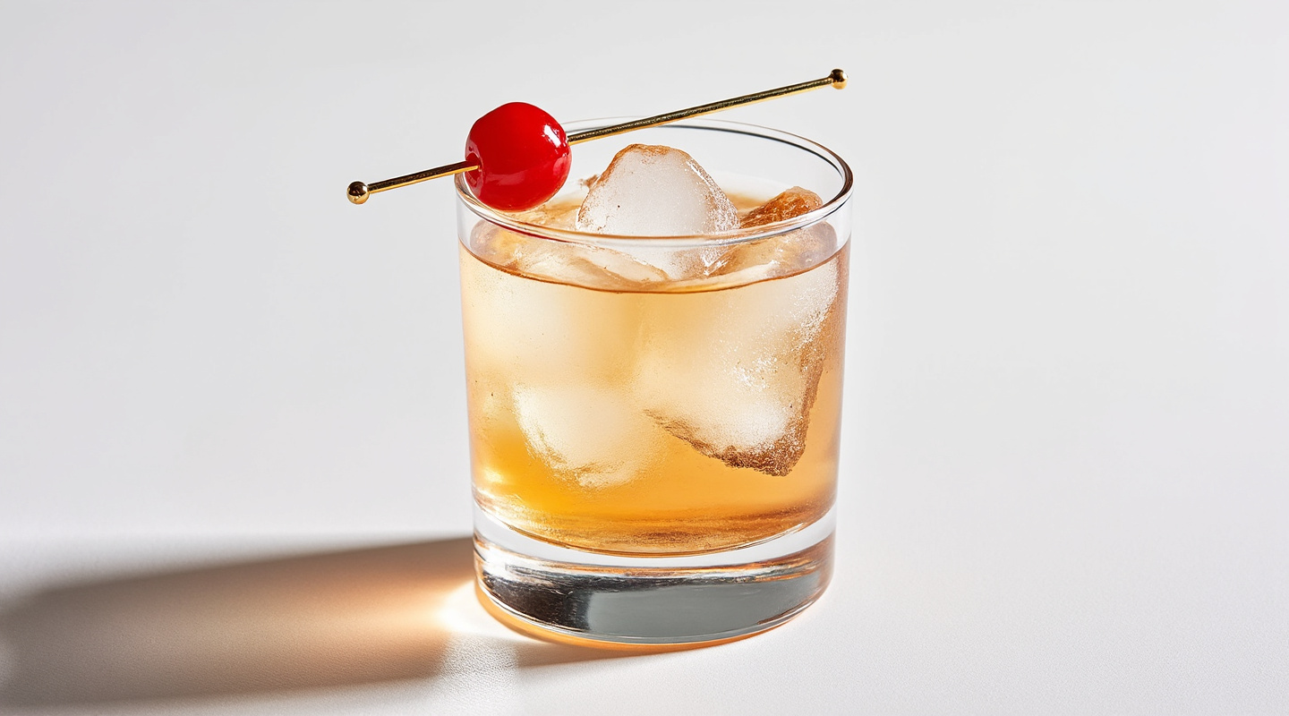 A Nick & Nora glass filled with Honolulu Cocktail No.2 garnished with a skewered cherry