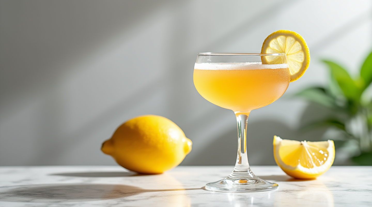 A Hop Toad #3 cocktail in a Coupe glass with a lemon twist garnish.