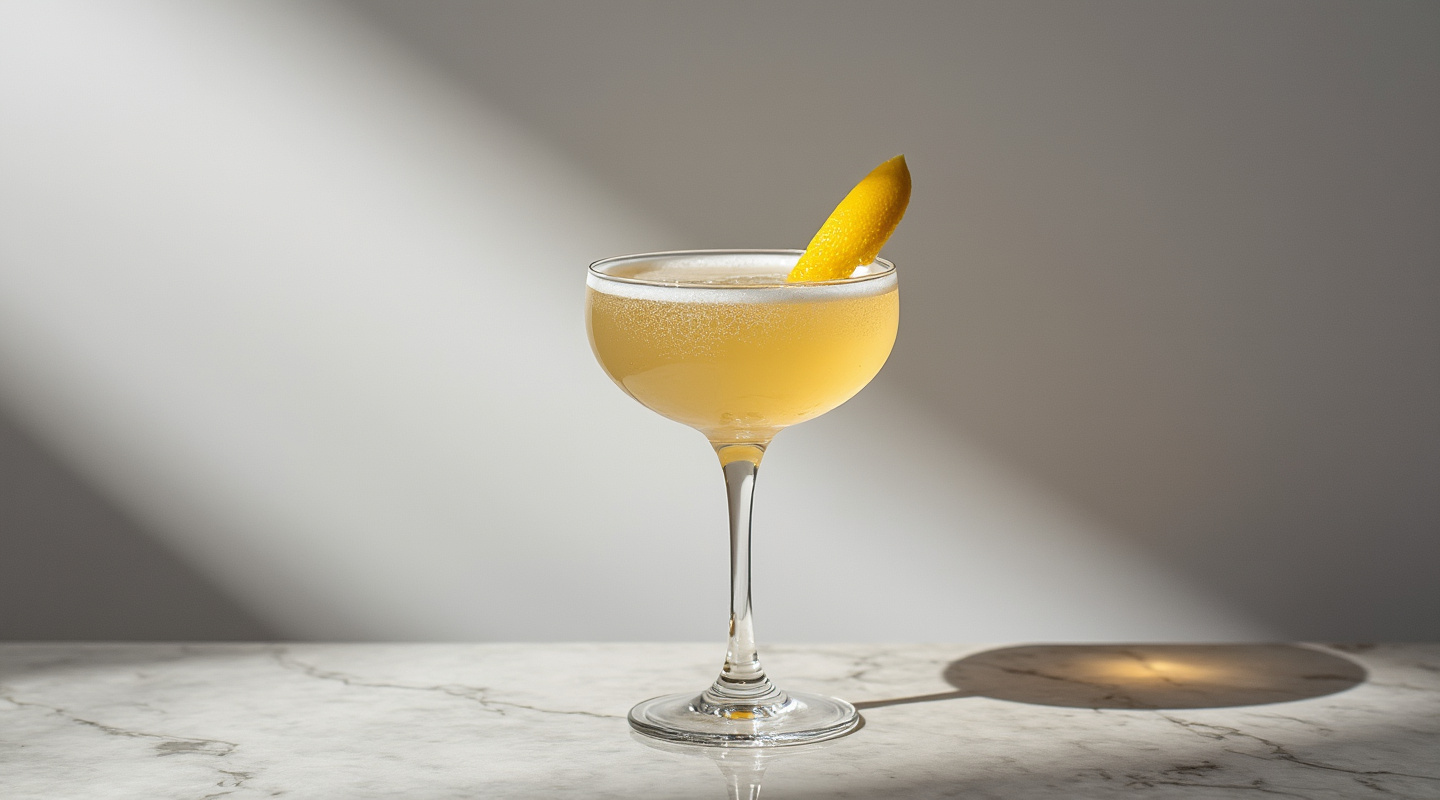 A glass of Great Chase cocktail with a lemon wedge garnish