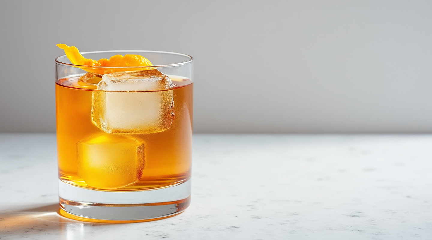 Absolute Gangster cocktail served in an Old-fashioned glass with an orange zest twist garnish.