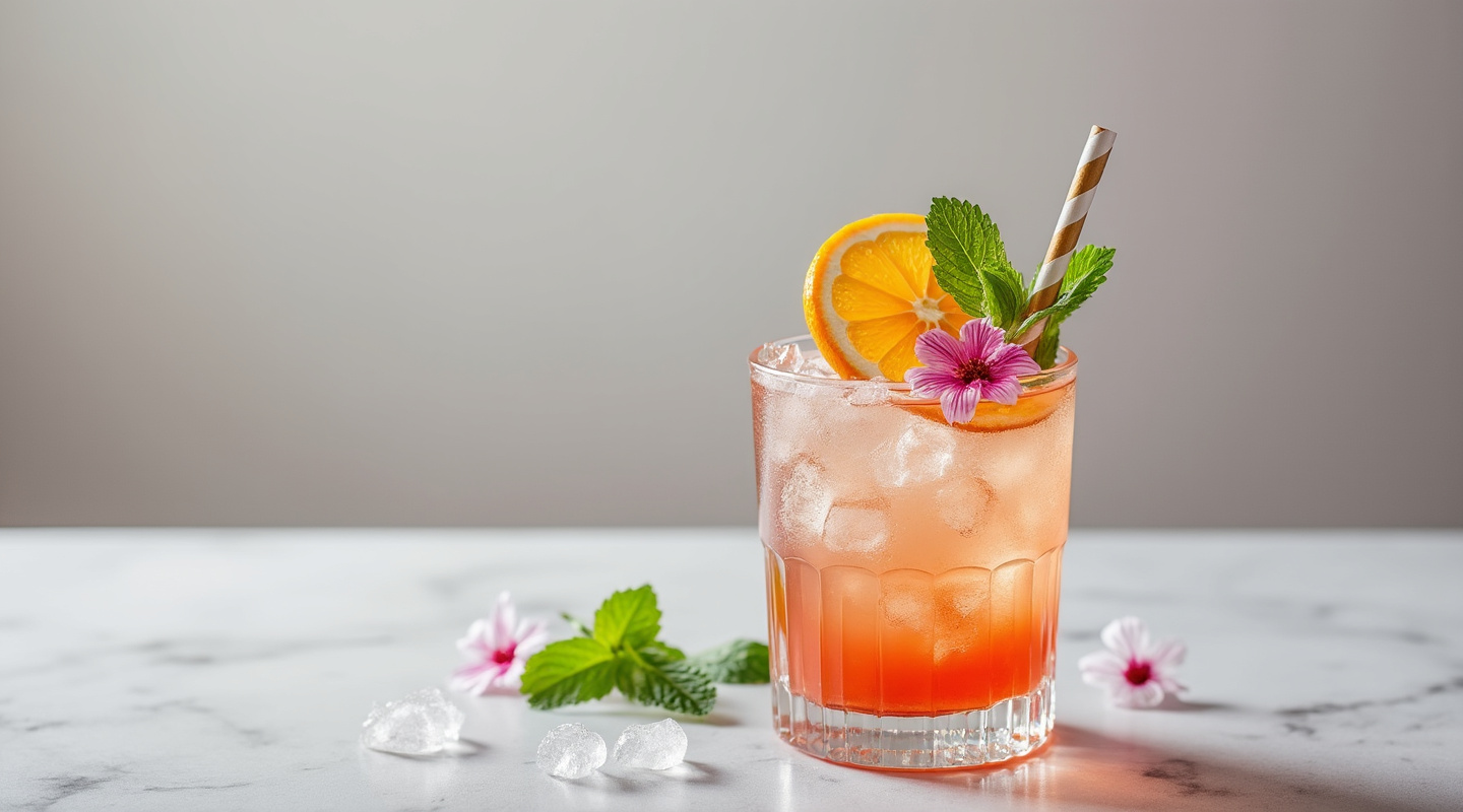 Scorpion cocktail served in a chilled glass garnished with orange slice, mint, and an edible flower.