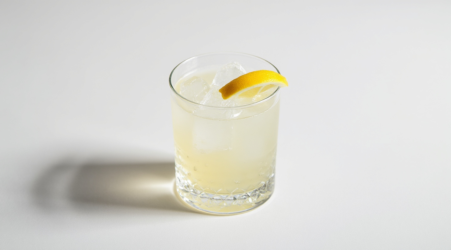 White Gin Fizz in a Collins glass garnished with a lemon wedge