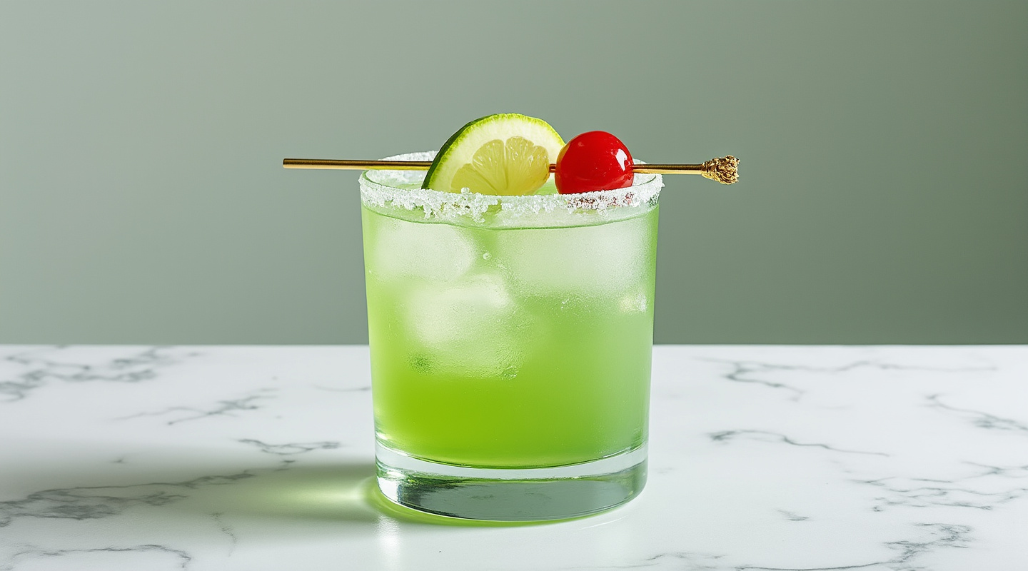 Green Melon Sour cocktail served in an old-fashioned glass.