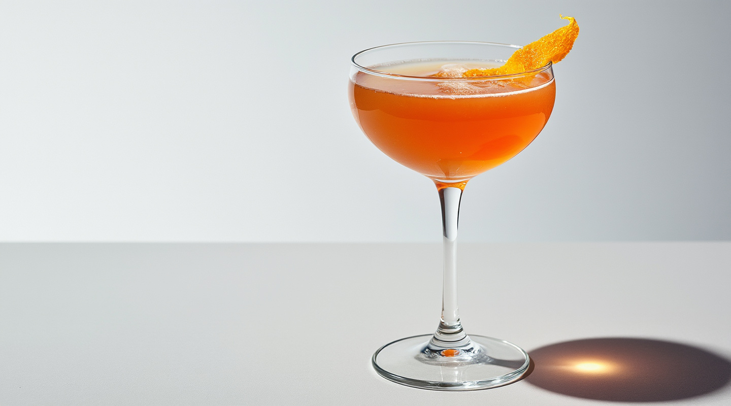 Copenhagen Cocktail in a coupe glass with orange zest garnish