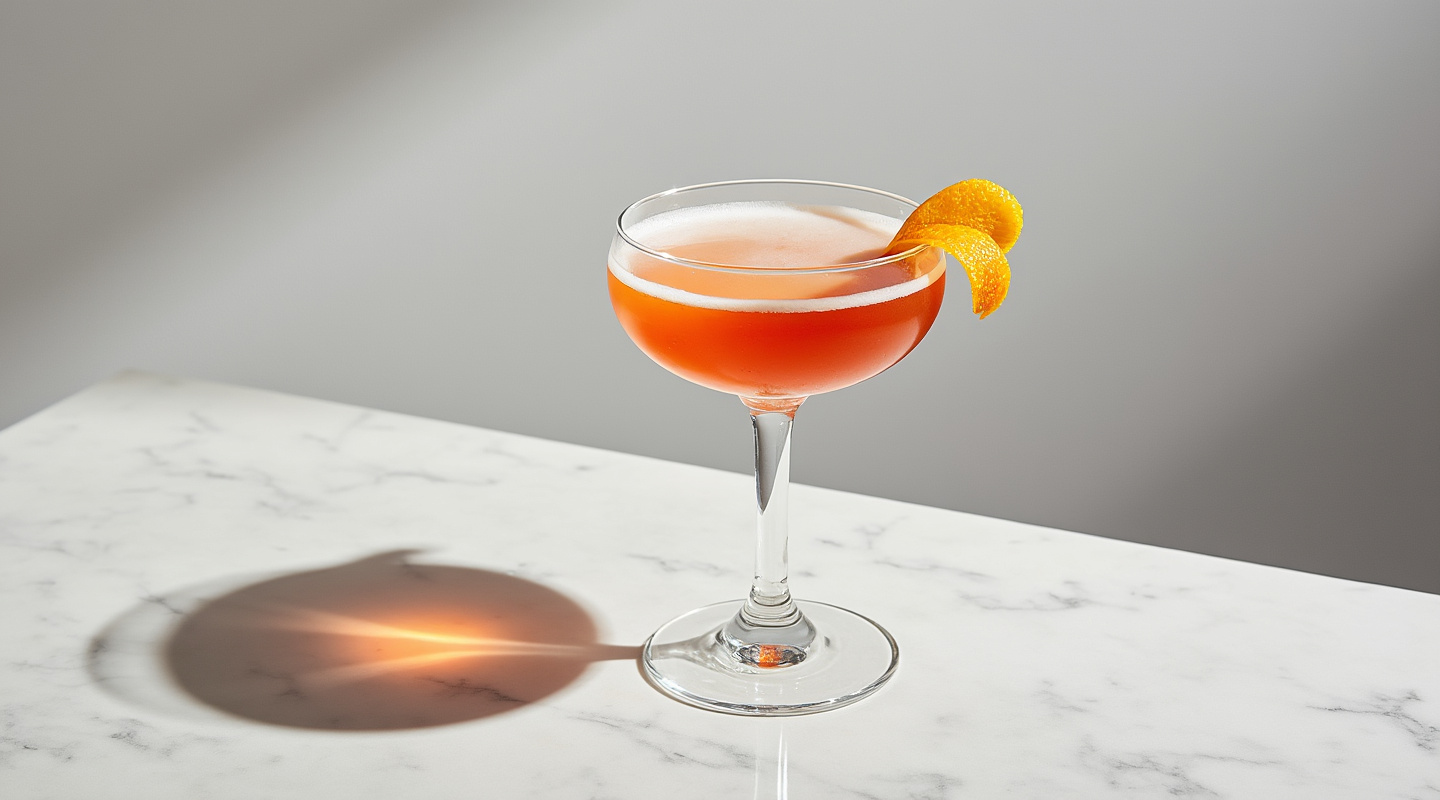 Carlton Banks cocktail in a coupe glass, garnished with an orange zest twist