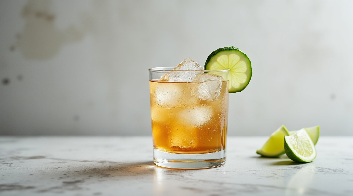 Root 56 cocktail served in a Collins glass with cucumber slice and lime wedge garnish