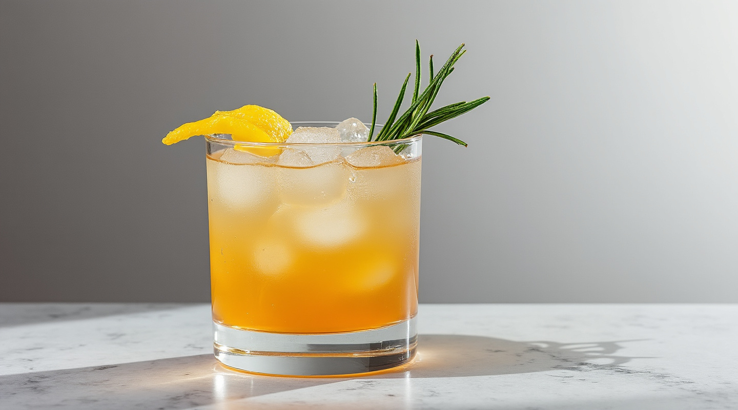 A Honey Badger cocktail served in an old-fashioned glass garnished with rosemary