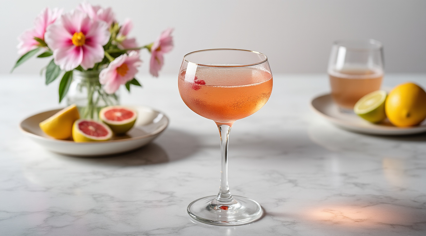 Elegance Cocktail in a Coupe Glass garnished with Edible Flowers