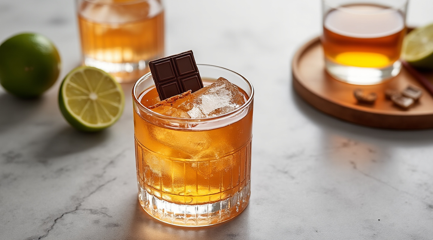 Low Rider cocktail in an Old-fashioned glass garnished with chocolate