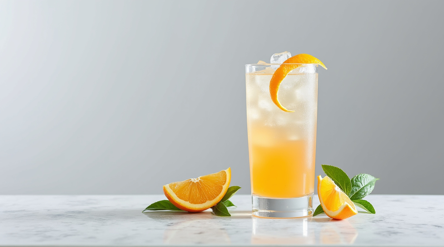 A refreshing and herbal cocktail in a highball glass with an orange zest twist.