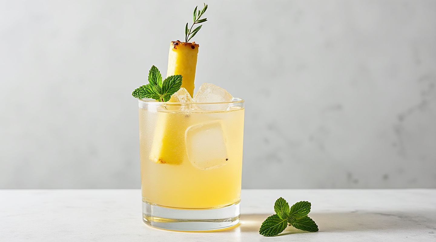 Nuka Nuka cocktail served with a garnish of pineapple and mint