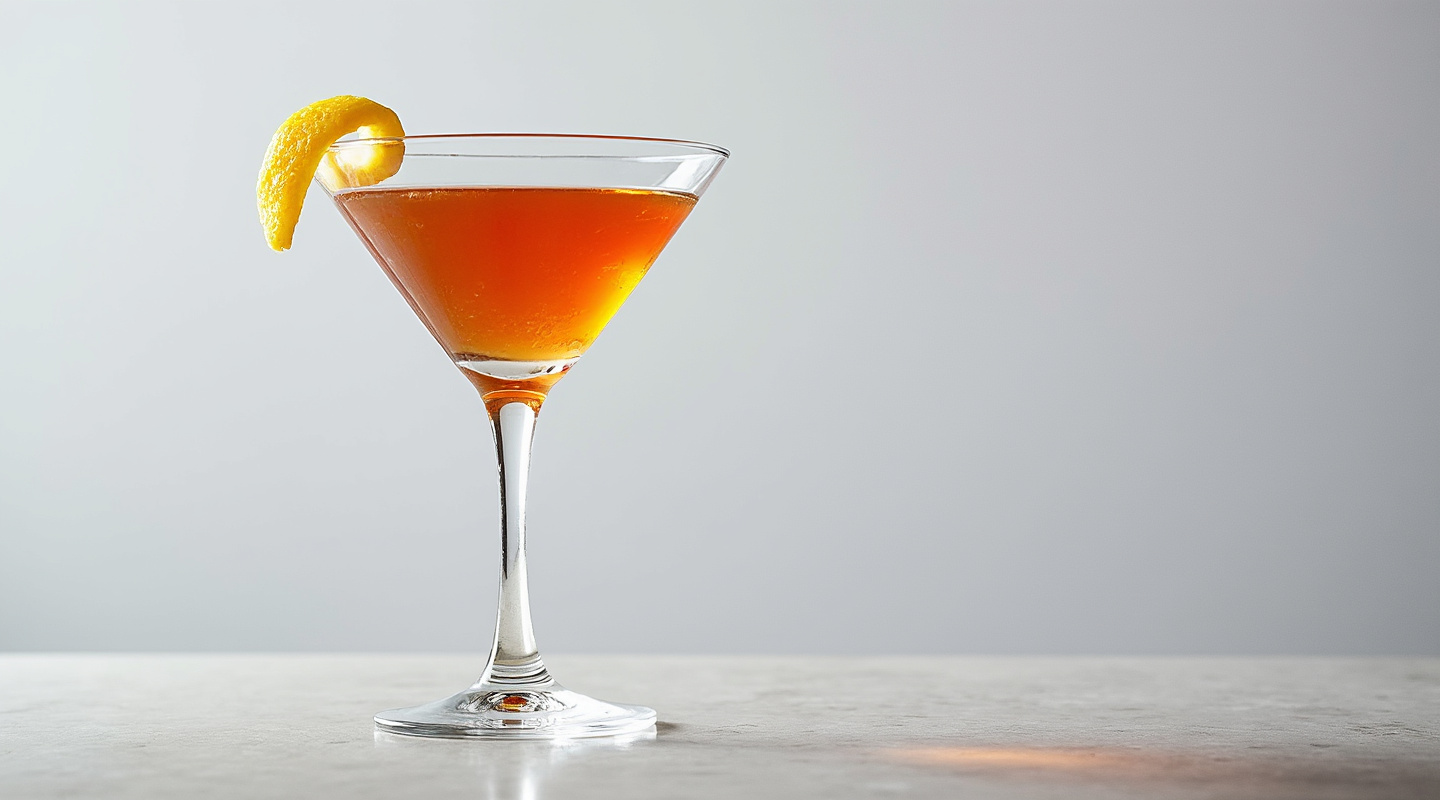 A Poet's Martini cocktail served in a chilled glass with a lemon twist garnish.