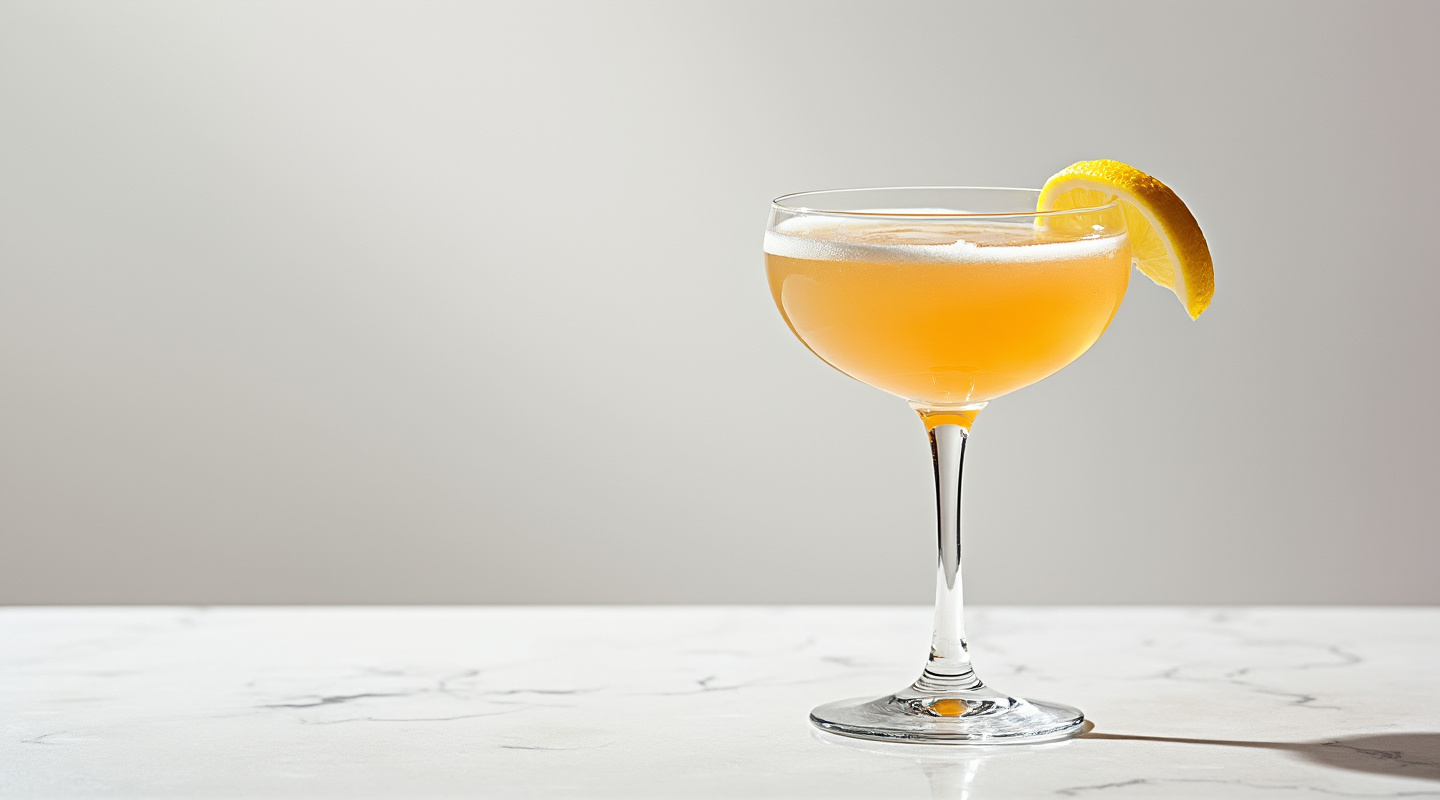 Loud Speaker Cocktail in a coupe glass with lemon zest twist garnish