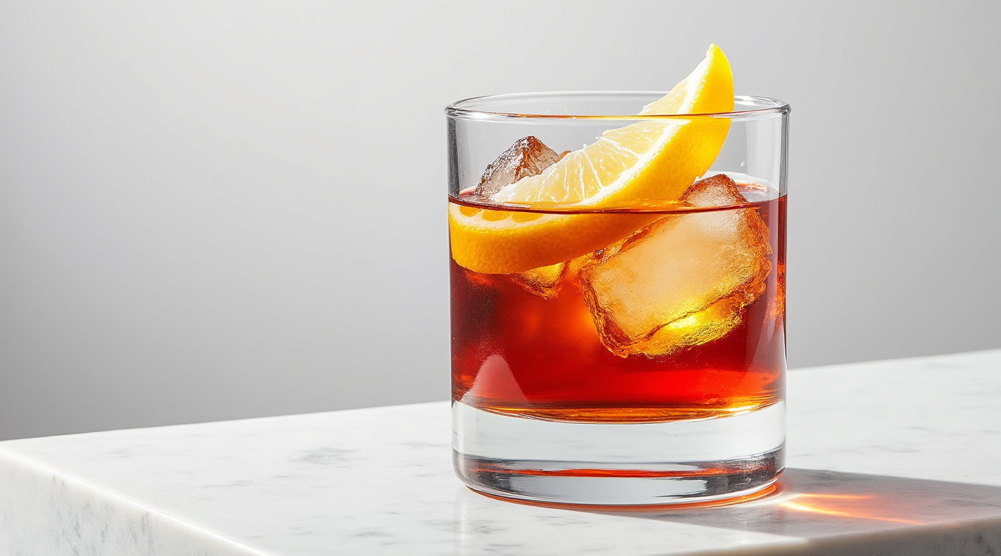 Caffè Negroni in an Old-fashioned glass with lemon zest twist