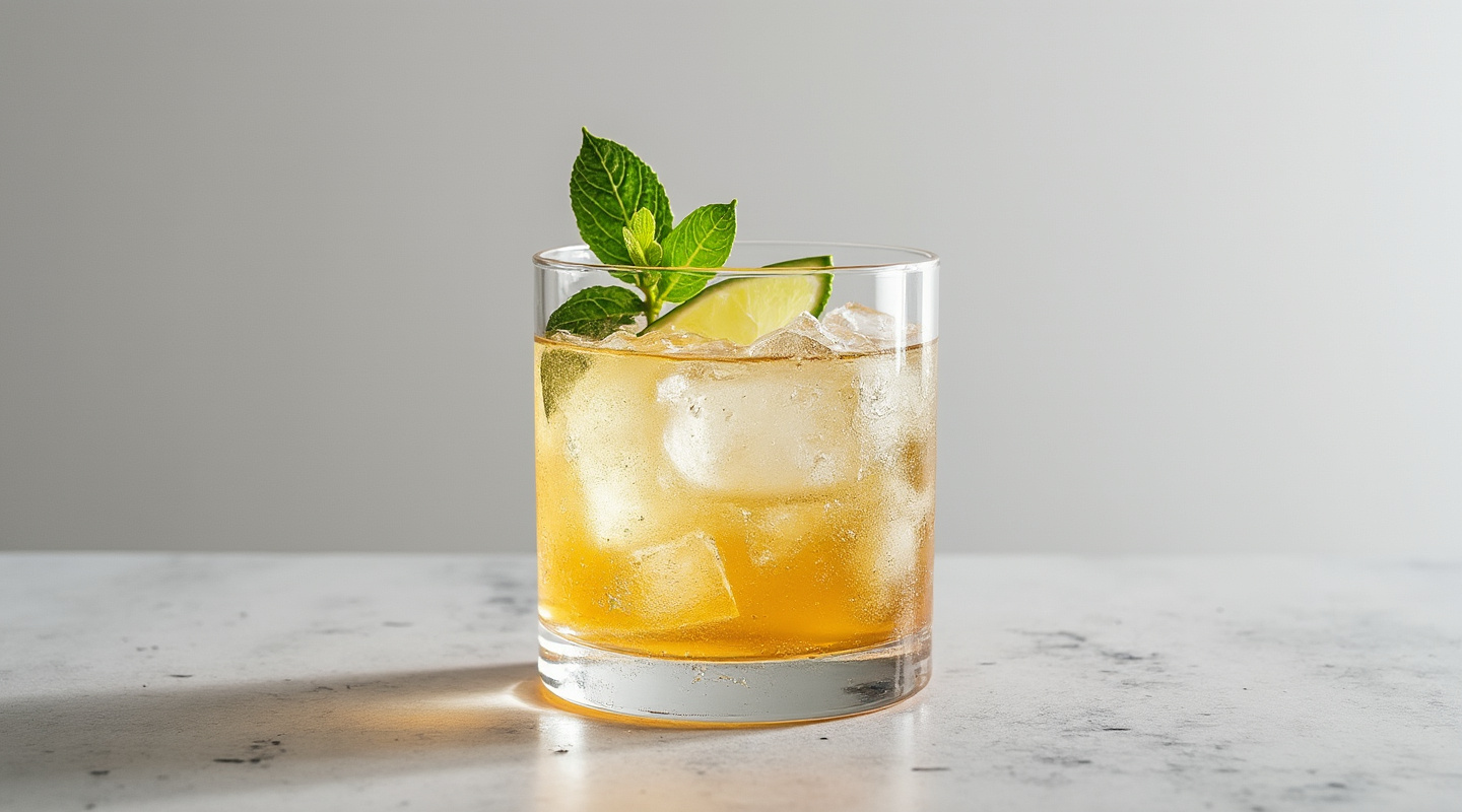 Louisiana Trade cocktail in a glass with a lime wedge garnish