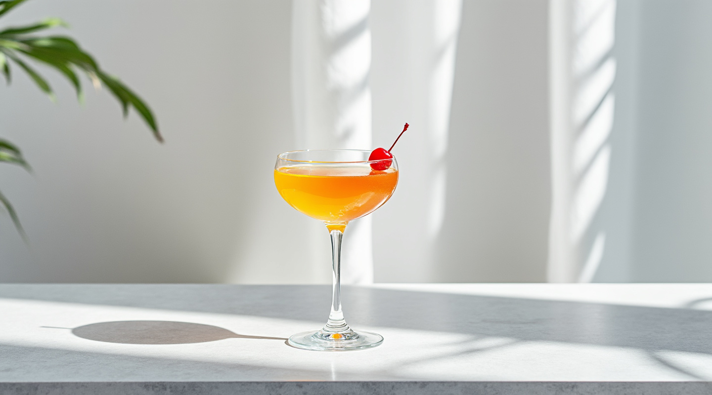 Último Raúl cocktail in a Coupe glass, garnished with a skewered cherry