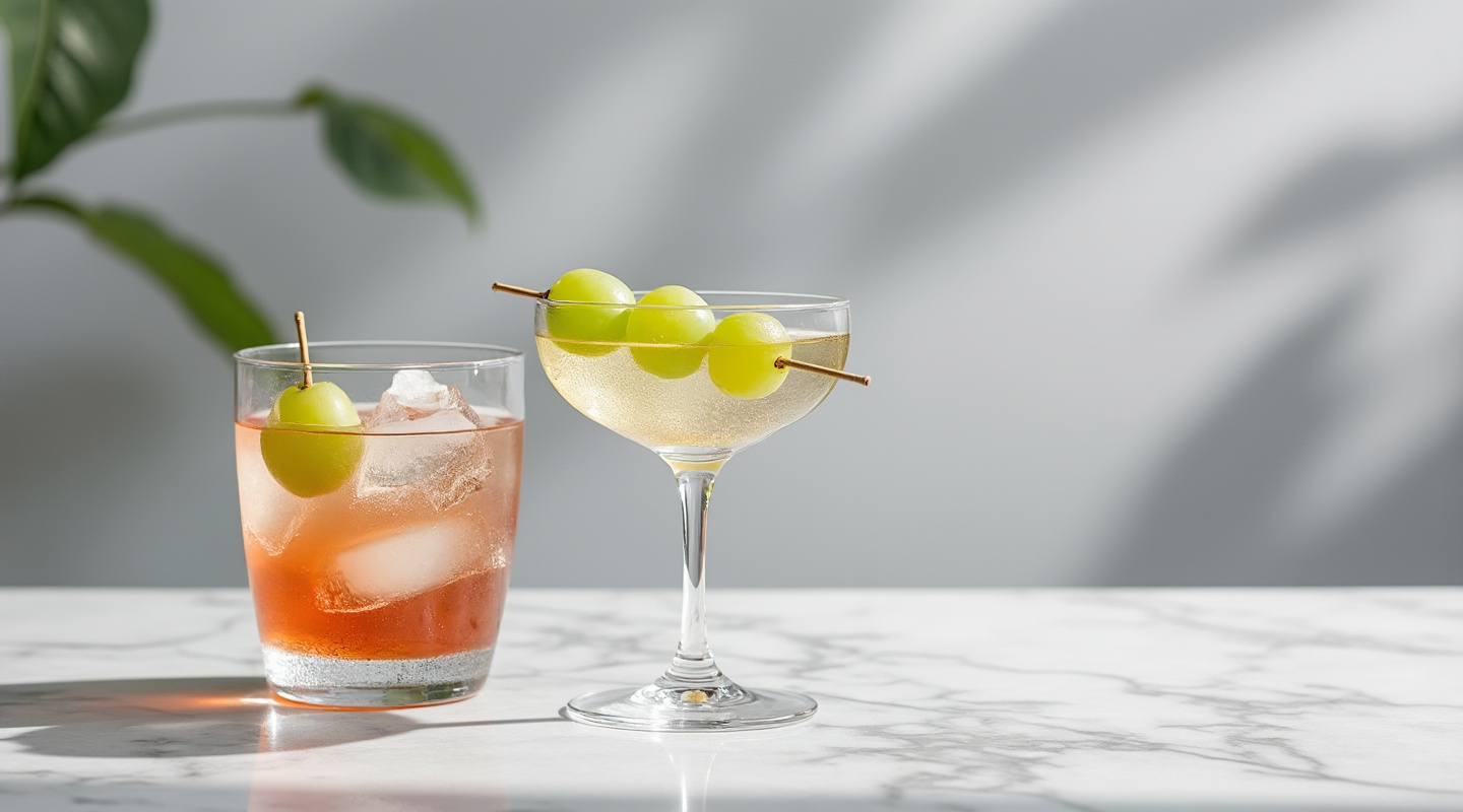 Casa Savoia Spritz in a wine glass with skewered grape garnish