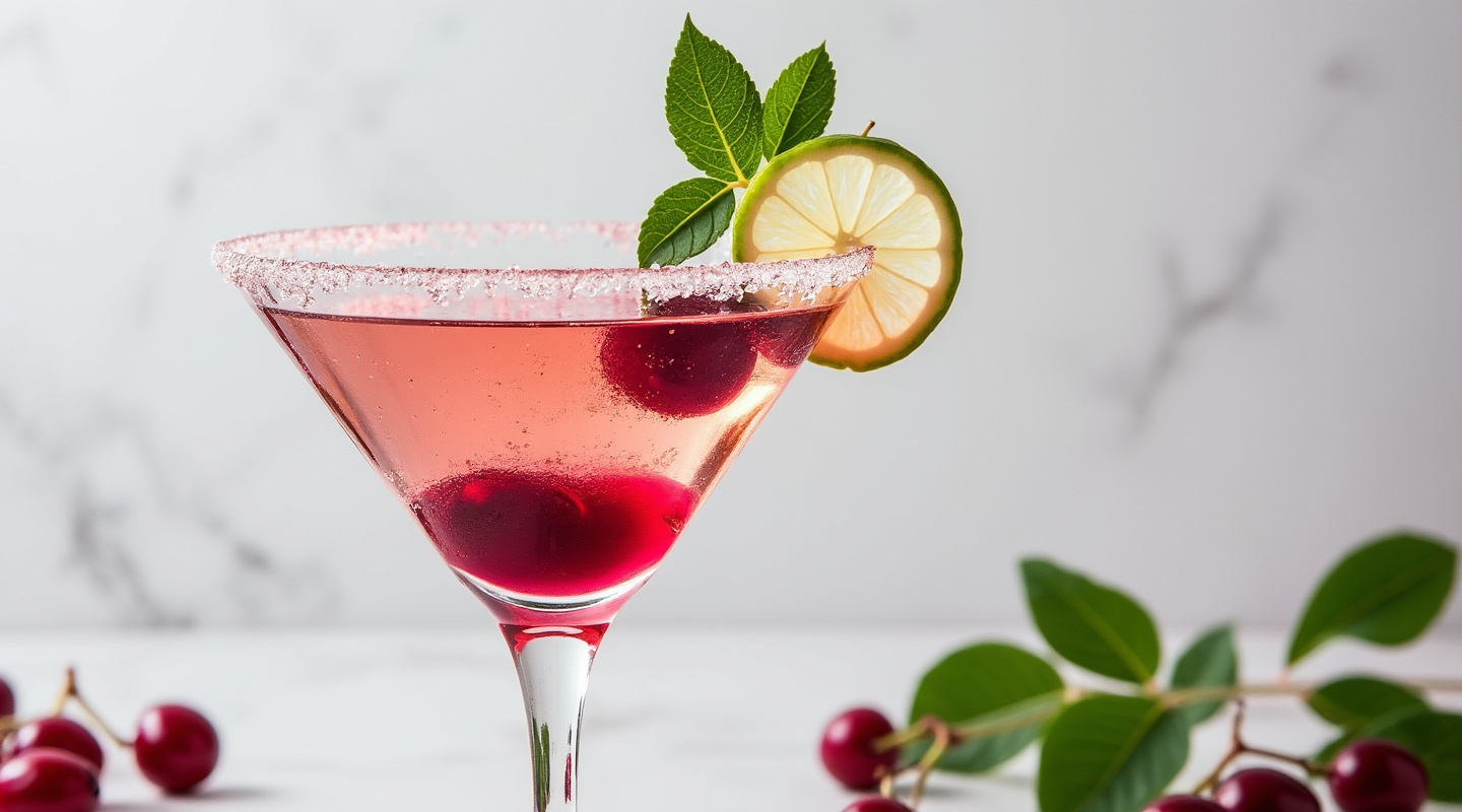 Lychee & Blackcurrant Cocktail in a Martini glass