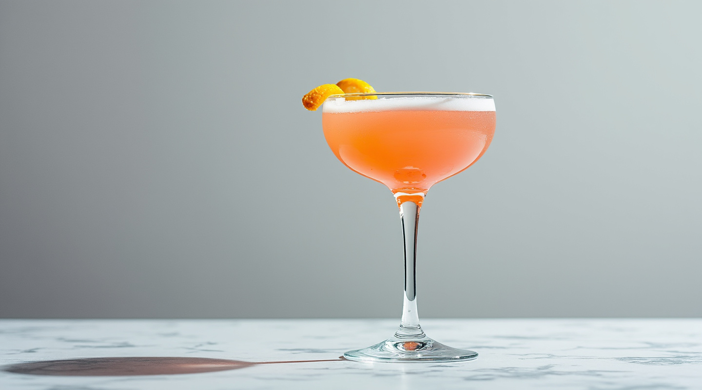 M.G.F cocktail in a coupe glass garnished with an orange zest twist