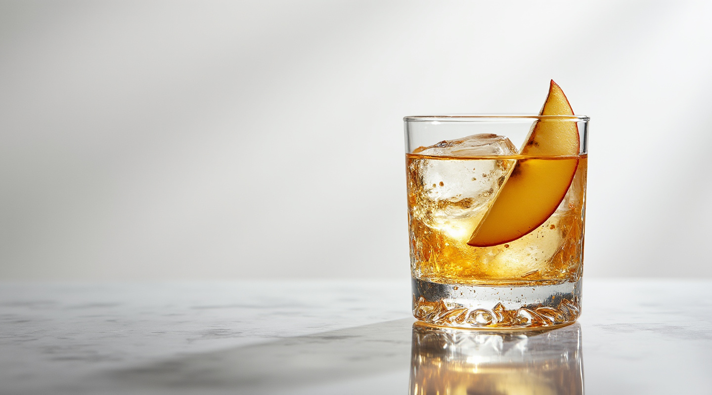 A cocktail in an Old-fashioned glass with a clear and vibrant amber hue.