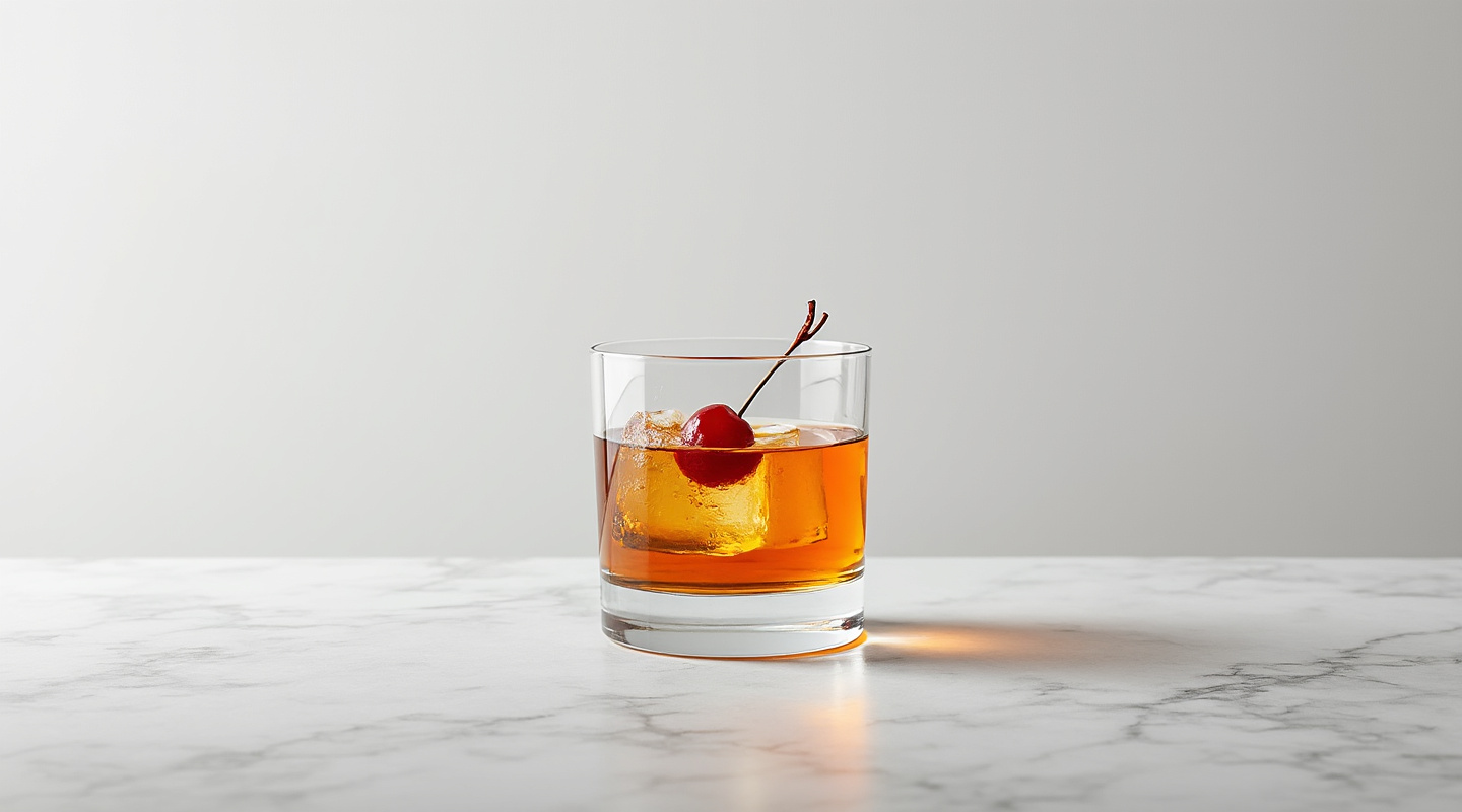 A Rust & Bone cocktail served in an Old-Fashioned glass, garnished with a maraschino cherry.