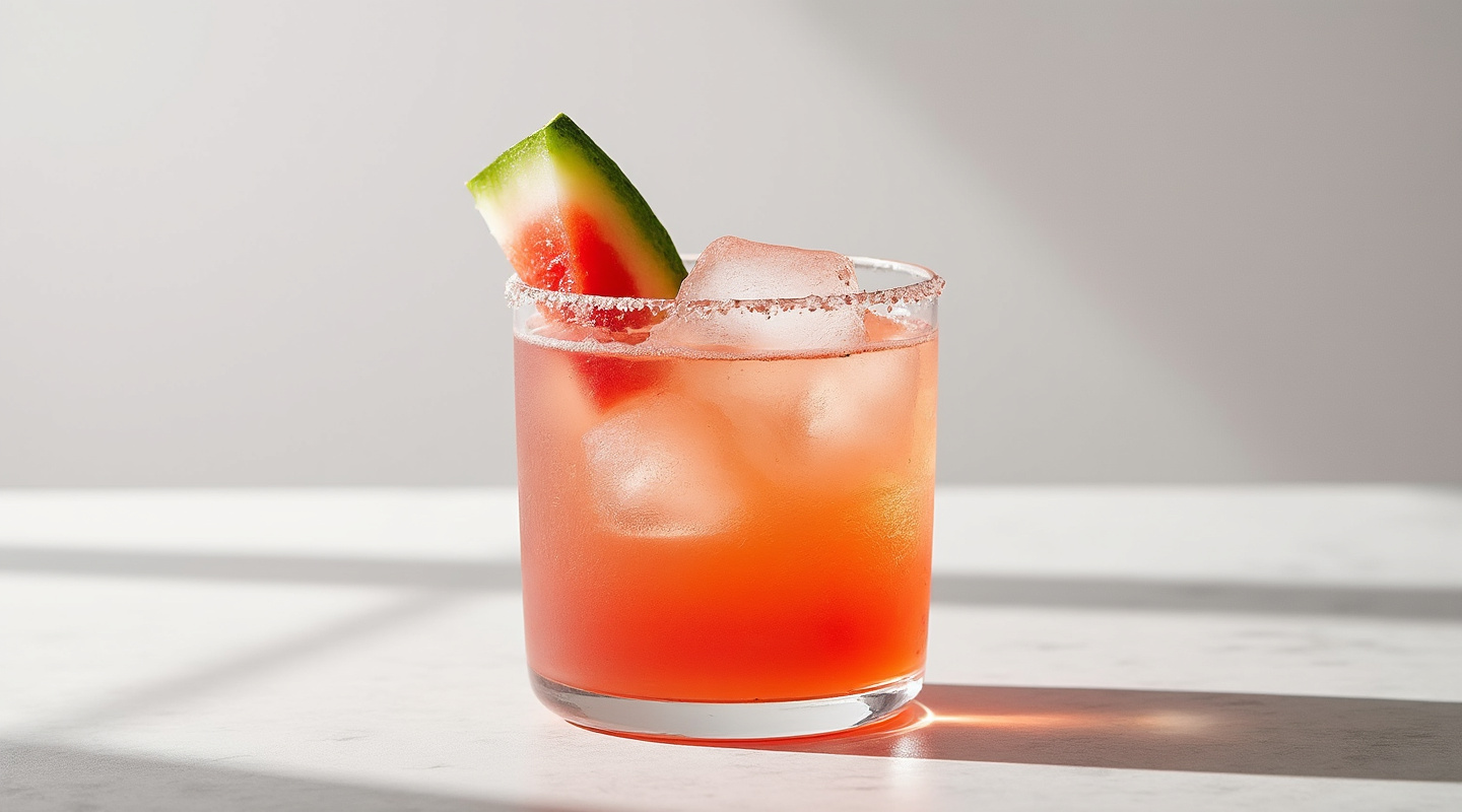 A photo of a Post Melon cocktail in a Nick & Nora glass garnished with a watermelon wedge