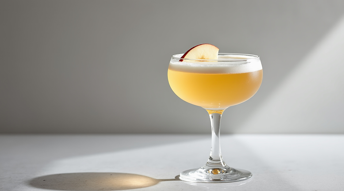 A perfect serve of the For Sake's Sake cocktail with a delicate apple garnish in a coupe glass.