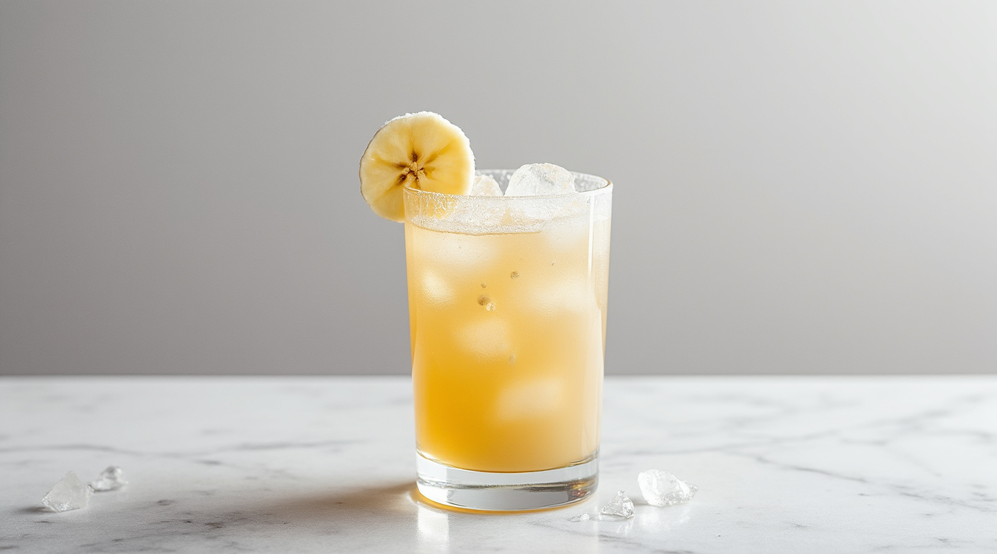 Avalanche cocktail served in a Collins glass with a banana chunk garnish