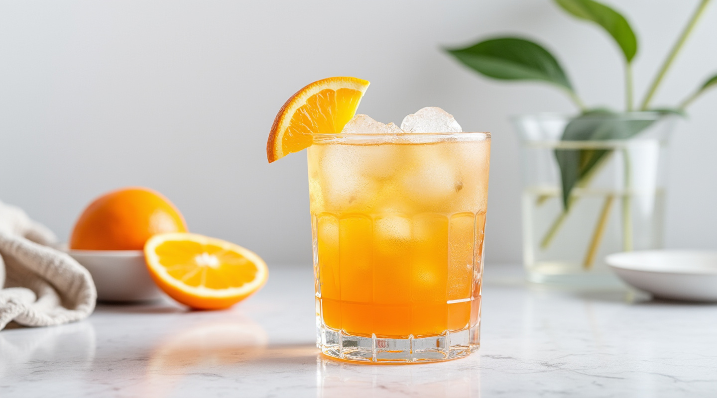 Mandarine Songbird cocktail served in a Collins glass with an orange slice garnish