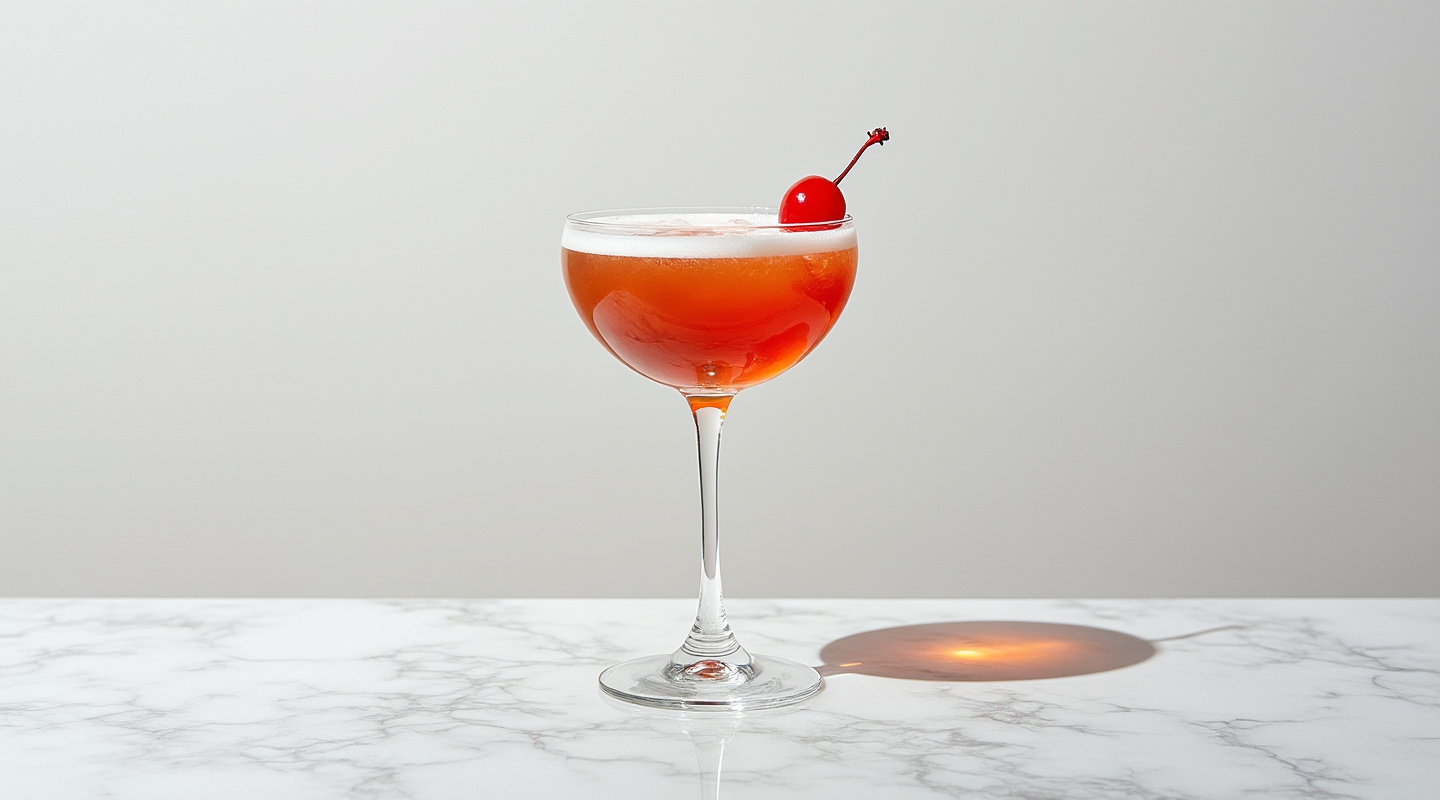 A classic High Ryeser cocktail served in a coupe glass with an orange zest and maraschino cherry garnish.