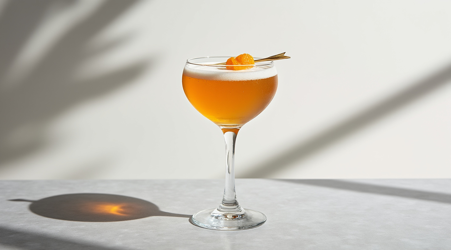 Marny Cocktail served in a Coupe glass with an Orange zest twist