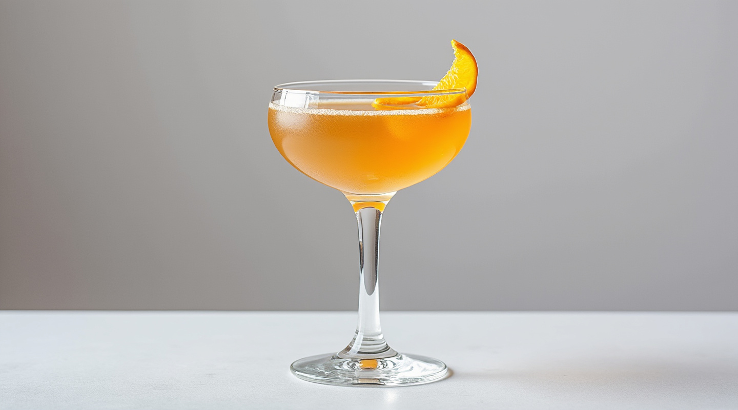 B2C2 cocktail in a coupe glass garnished with an orange zest twist.