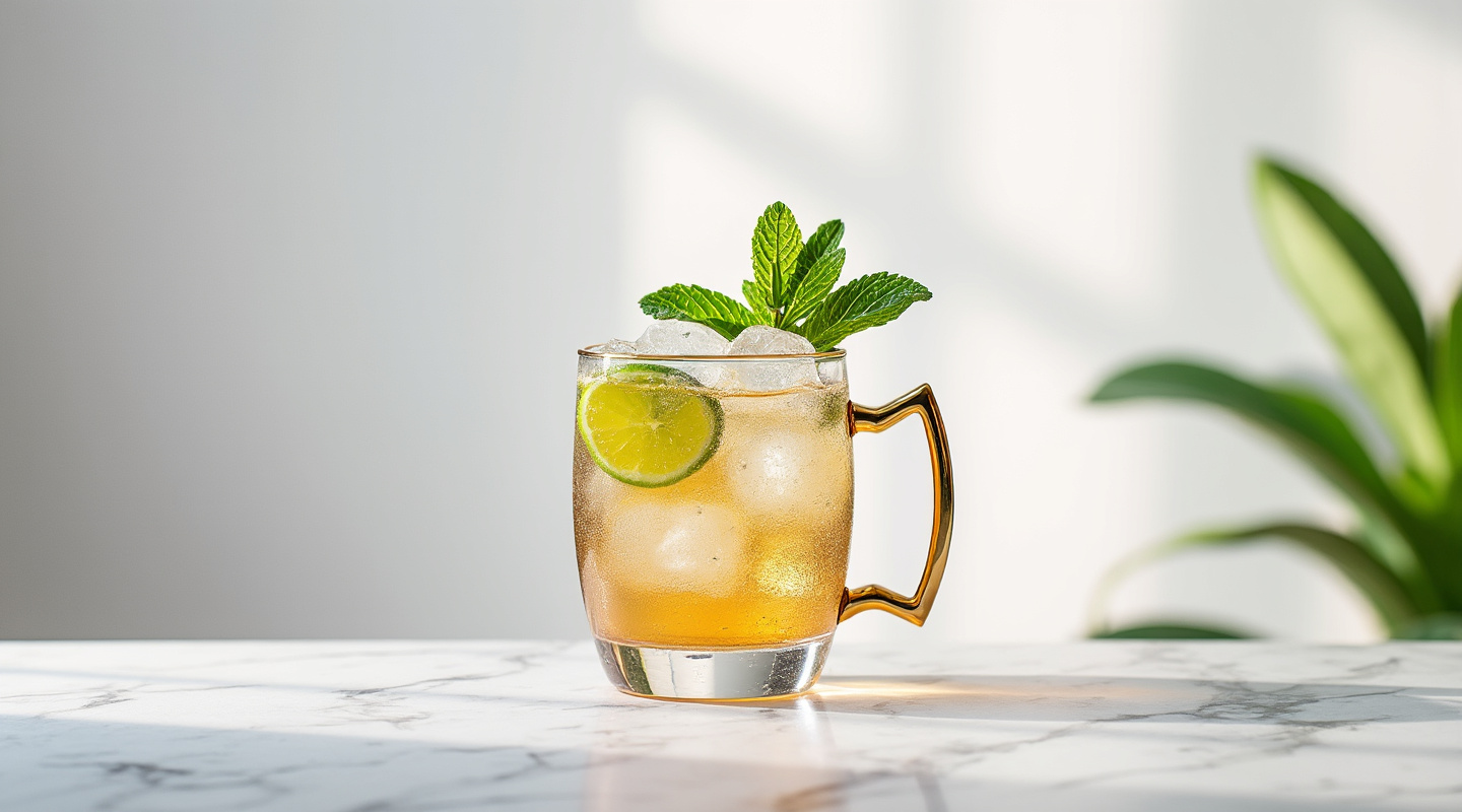 Moscow Mule cocktail in a copper mug garnished with lime and mint