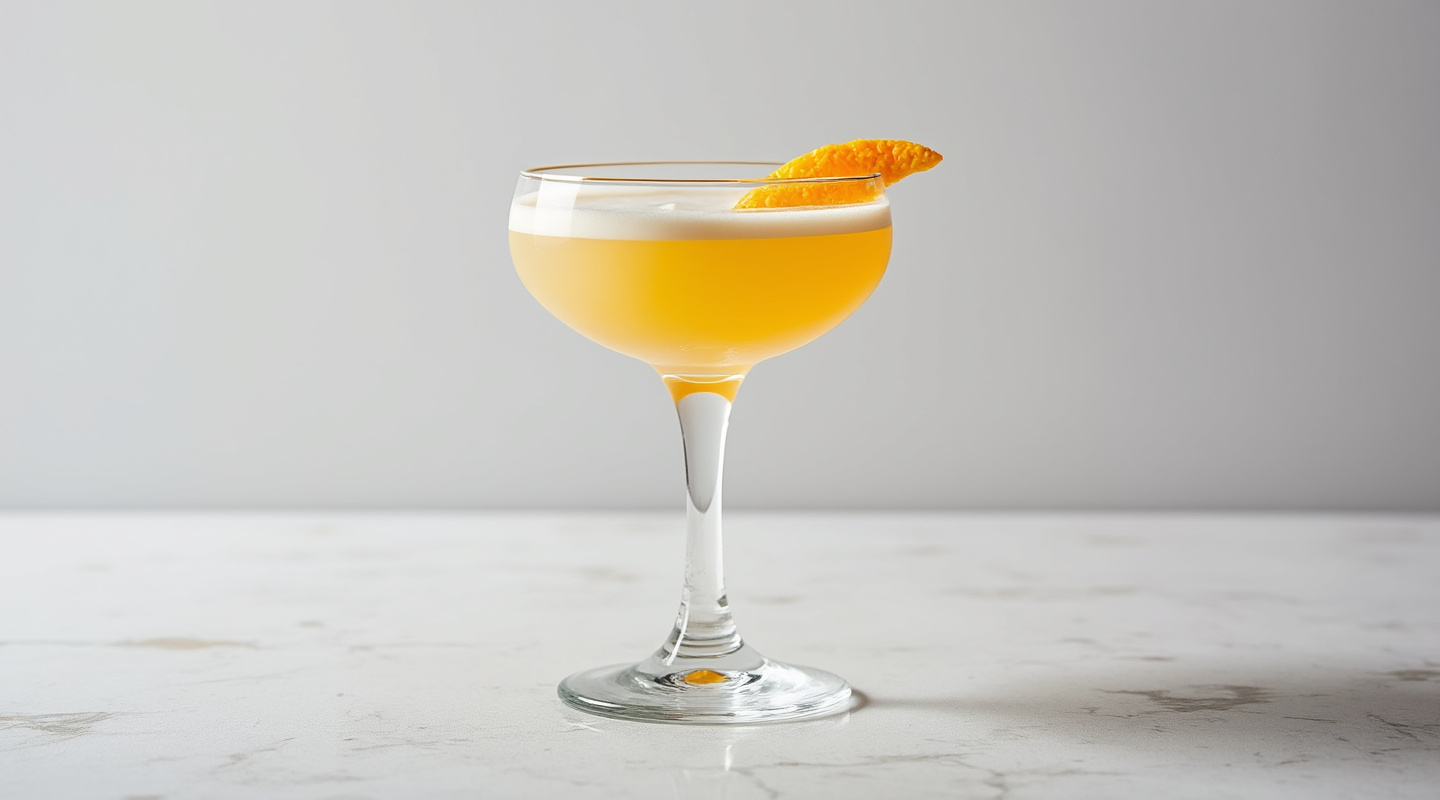 Orange Custard Cocktail in a coupe glass garnished with orange zest