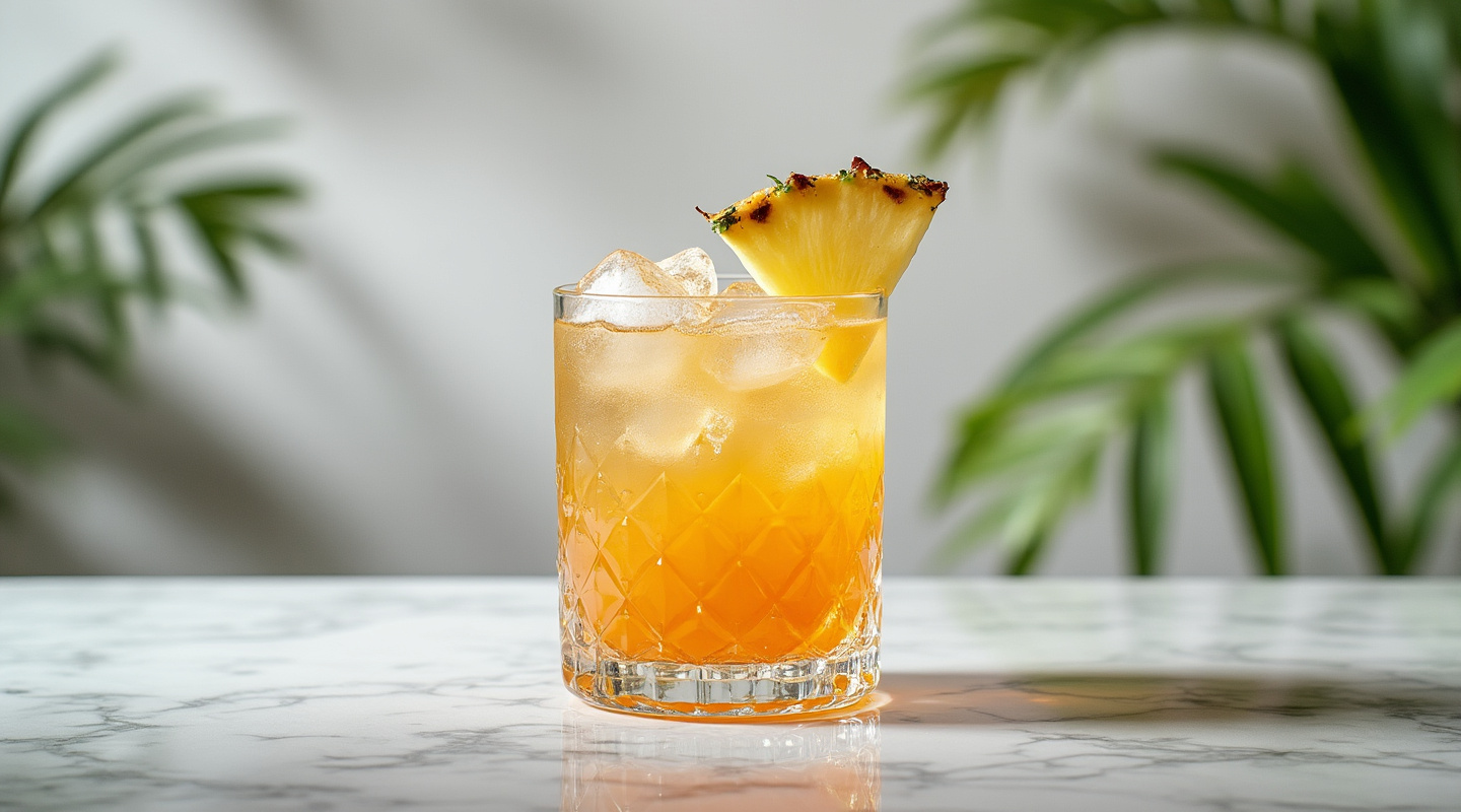 A Painkiller cocktail served over ice garnished with a pineapple wedge