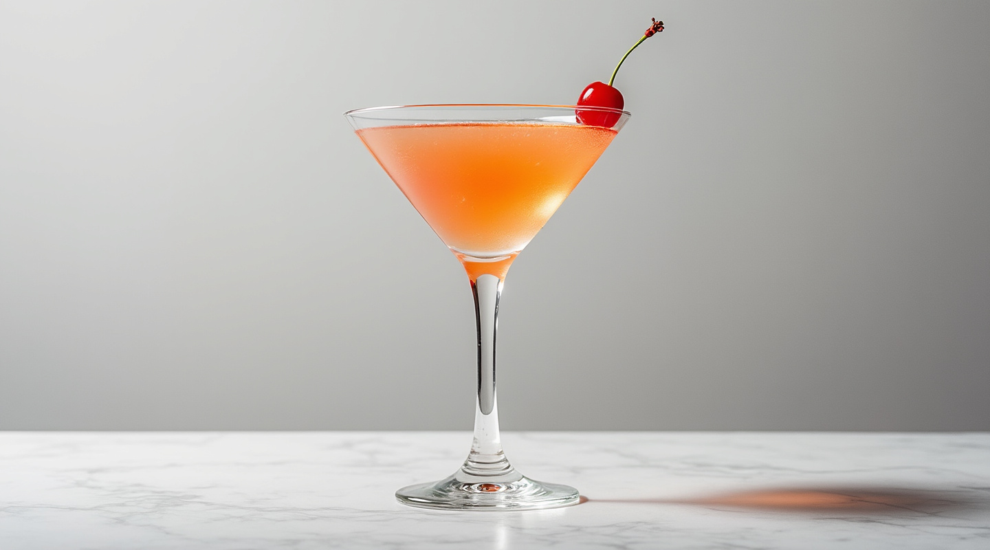 Palm Beach cocktail in a Martini glass garnished with a cherry