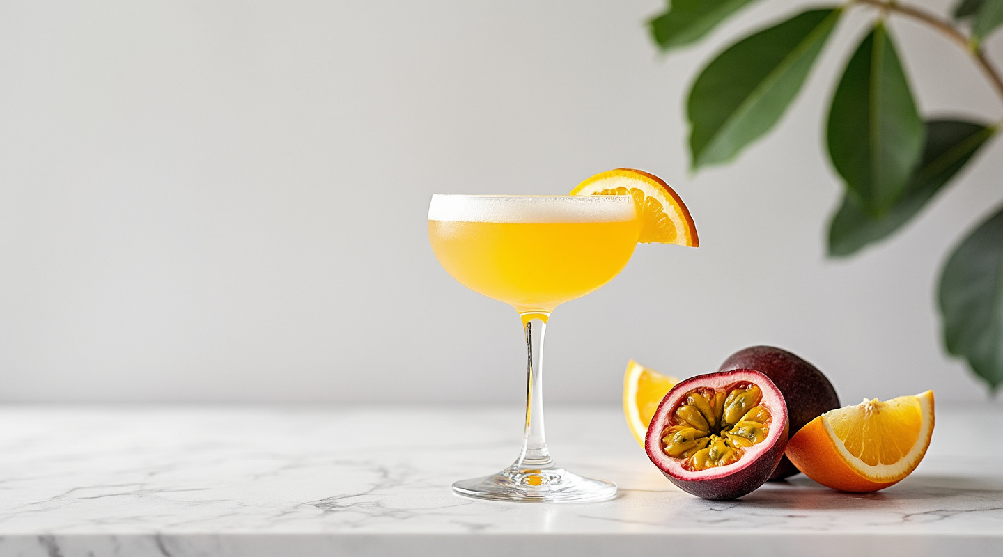 Passion Fruit Cocktail garnished with half a passion fruit